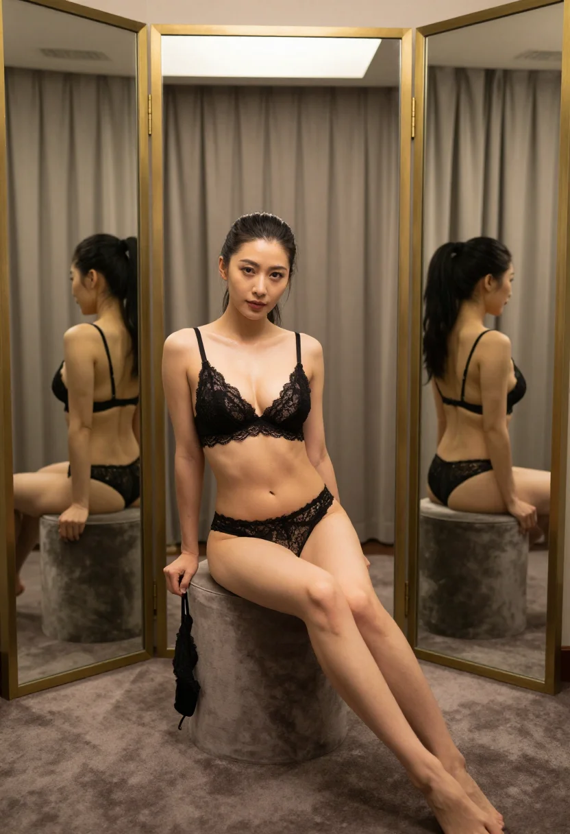 AI fitting room sample — portrait of an adult East-Asian woman with warm por