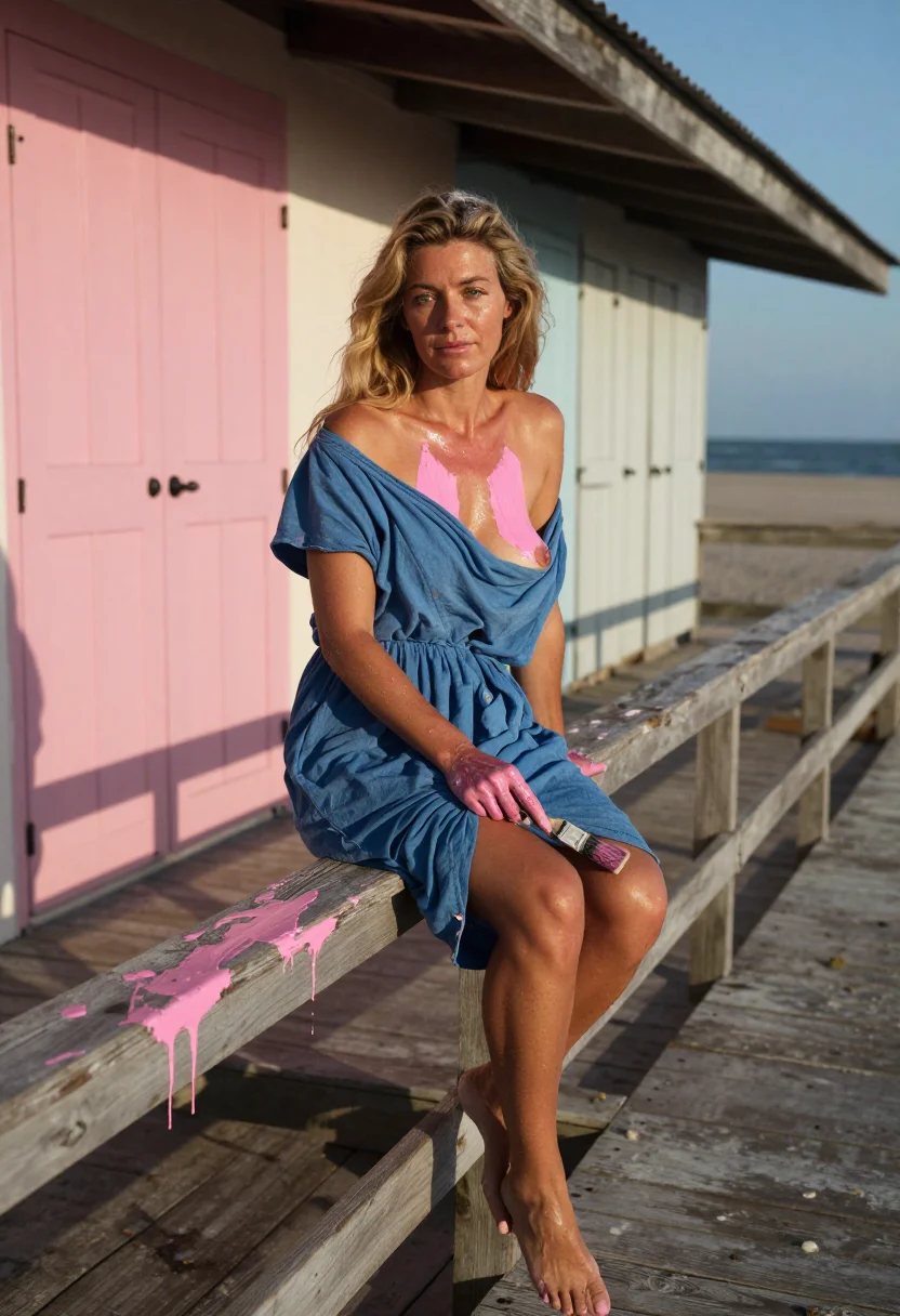 AI beach hut shutters sample — portrait of a woman, three-quarter-length photograph of a gr