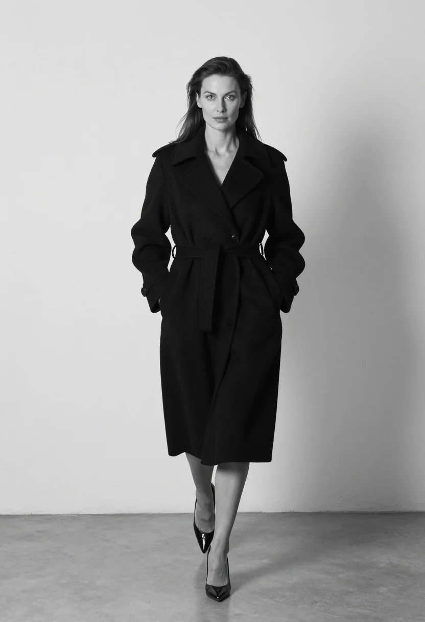 AI standing portraits sample — portrait of a woman, full-length black and white three-quart
