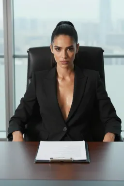 AI boardroom executive sample — Front-facing waist-up portrait of a tall Latina woman