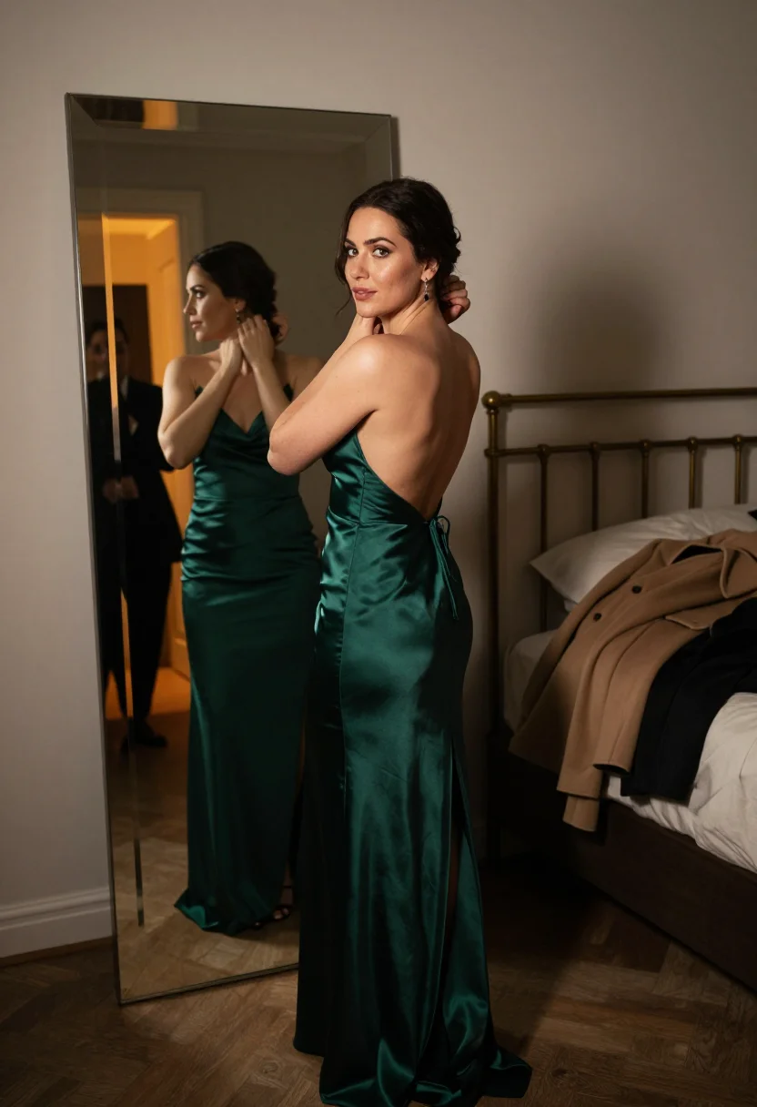 AI company party sample — portrait of an adult woman with warm ivory skin in an emerald gown at the mirror