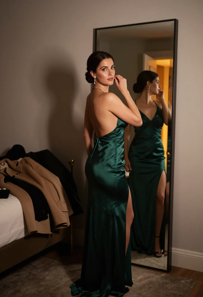 AI company party sample — portrait of an adult woman with warm ivory skin, three-quarter view by the mirror