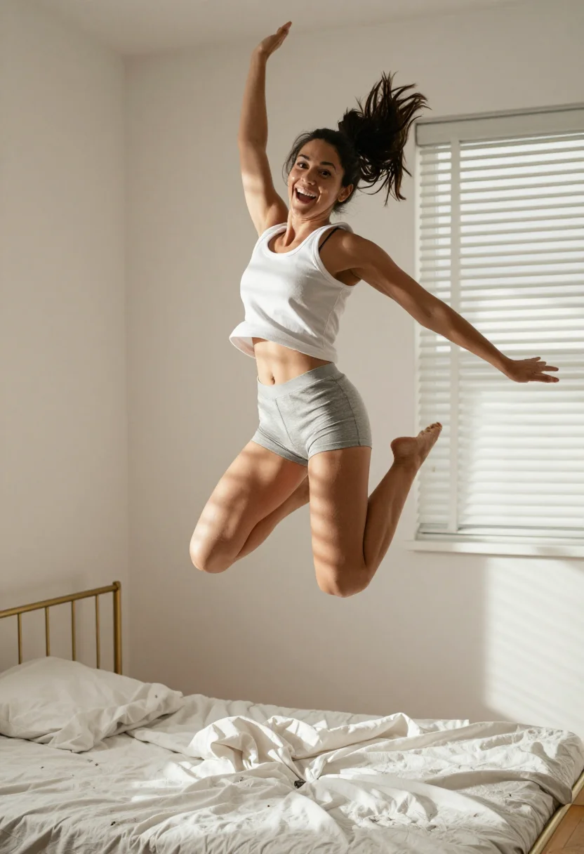 AI morning activewear sample — portrait of an adult woman with warm tan skin, seated on the bed in ribbed shorts