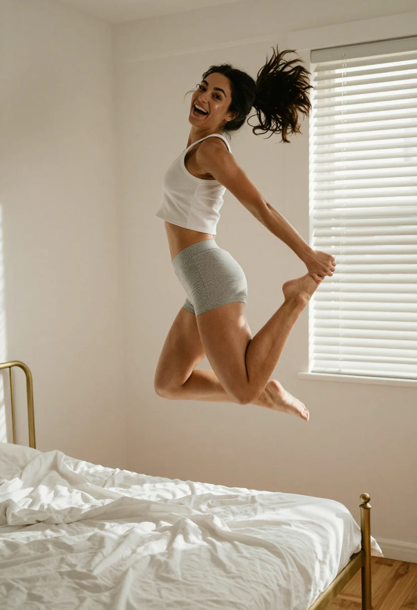 AI morning activewear sample — portrait of an adult woman with warm tan skin, side profile mid-bounce