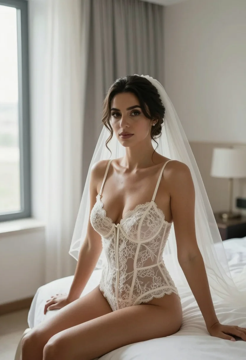 AI bridal sample — Front-facing half-length portrait of a Mediterranean brunette bride