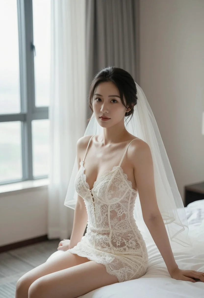 AI bridal sample — Front-facing half-length portrait of an East-Asian bride seated by a window
