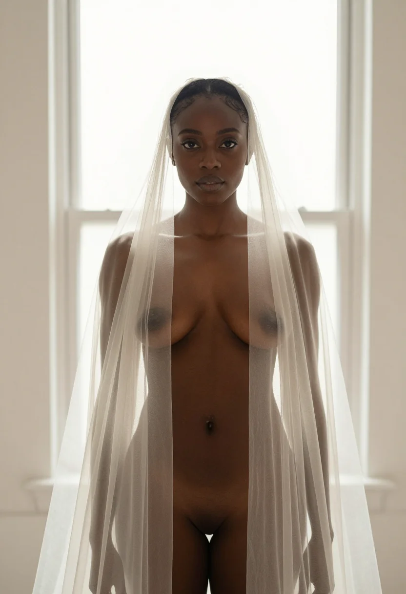 AI bridal sample — Front-facing half-length portrait of a Black bride standing in ivory lace