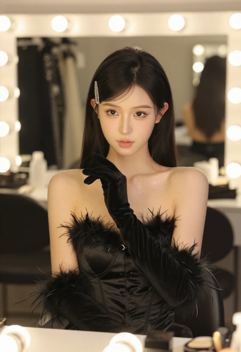 AI burlesque showgirl sample — Front-facing waist-up portrait of a petite East-Asian woman