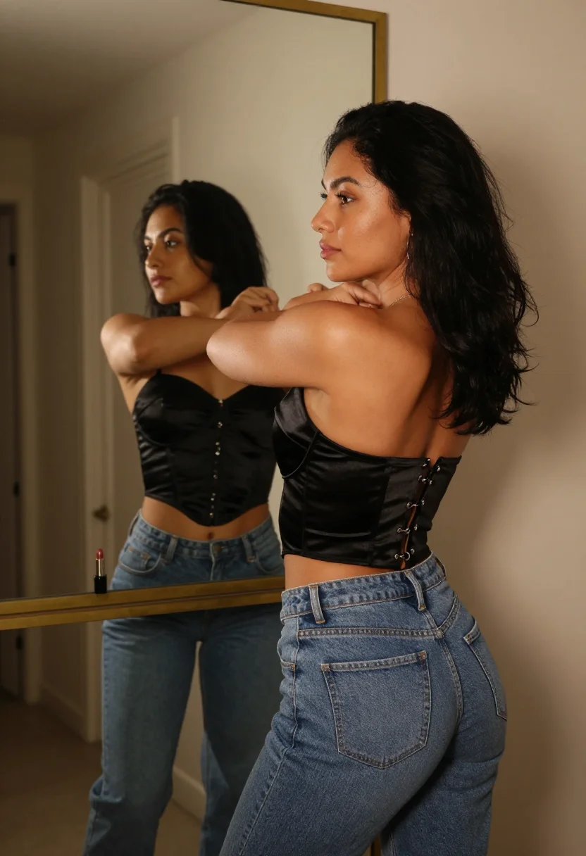 AI bustier sample — portrait of a woman, three-quarter rear frame of a grown wom