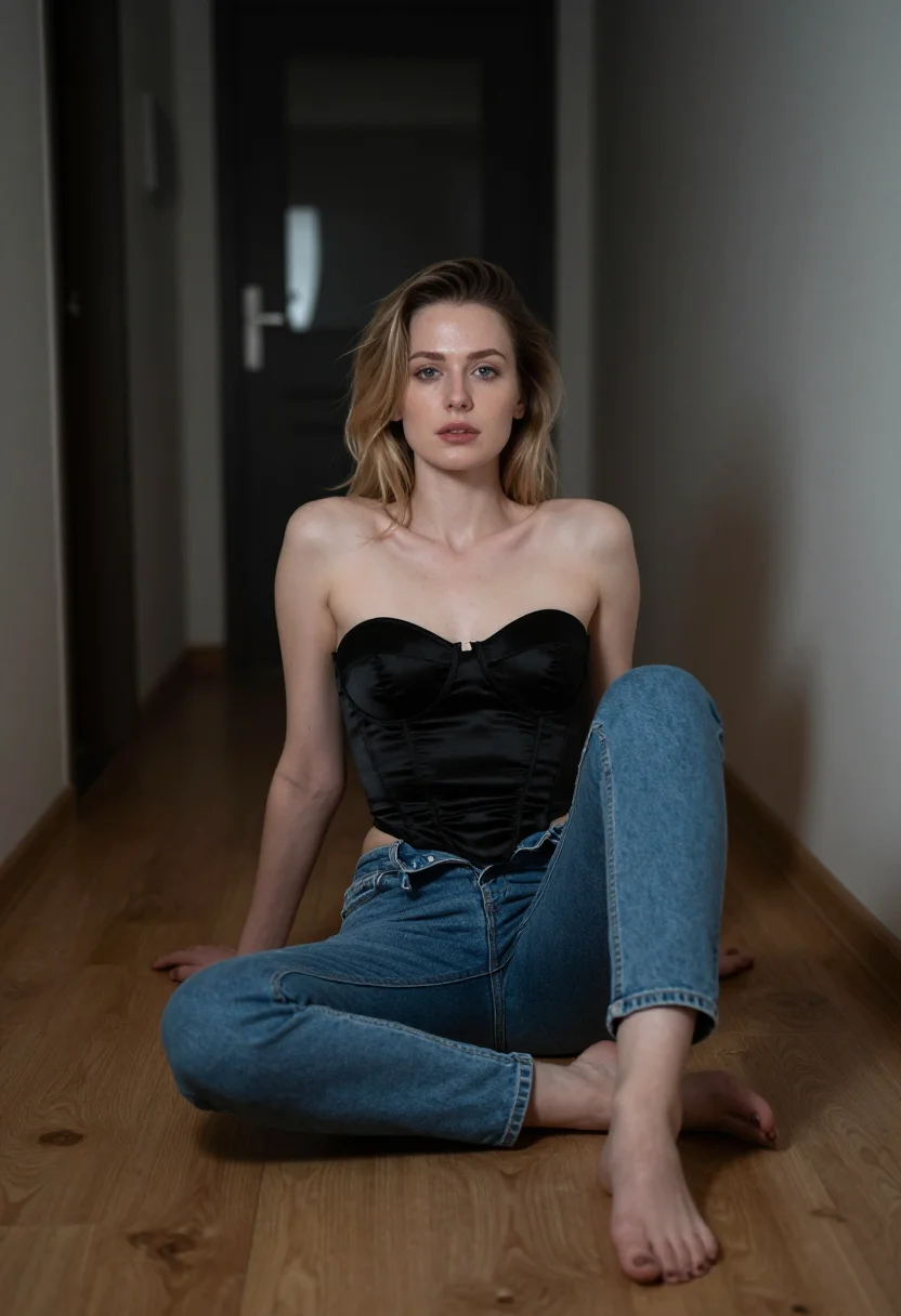 AI bustier sample — portrait of a woman, seated full-length frame of a grown wom