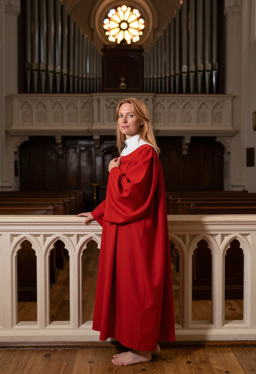 AI choir loft sample — portrait of an adult woman, Northern-European, three-quarter view at the organ