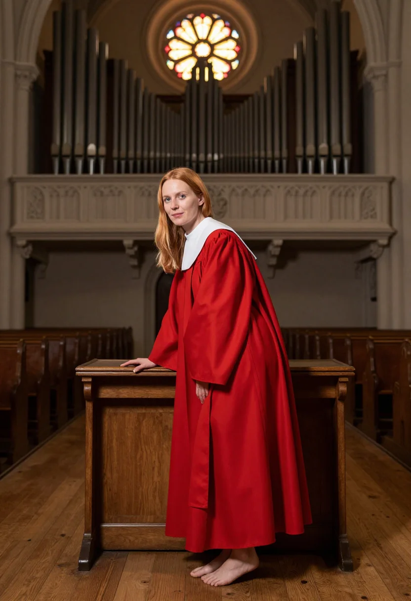 AI choir loft sample — portrait of an adult woman, Northern-European, side view by the organ pipes