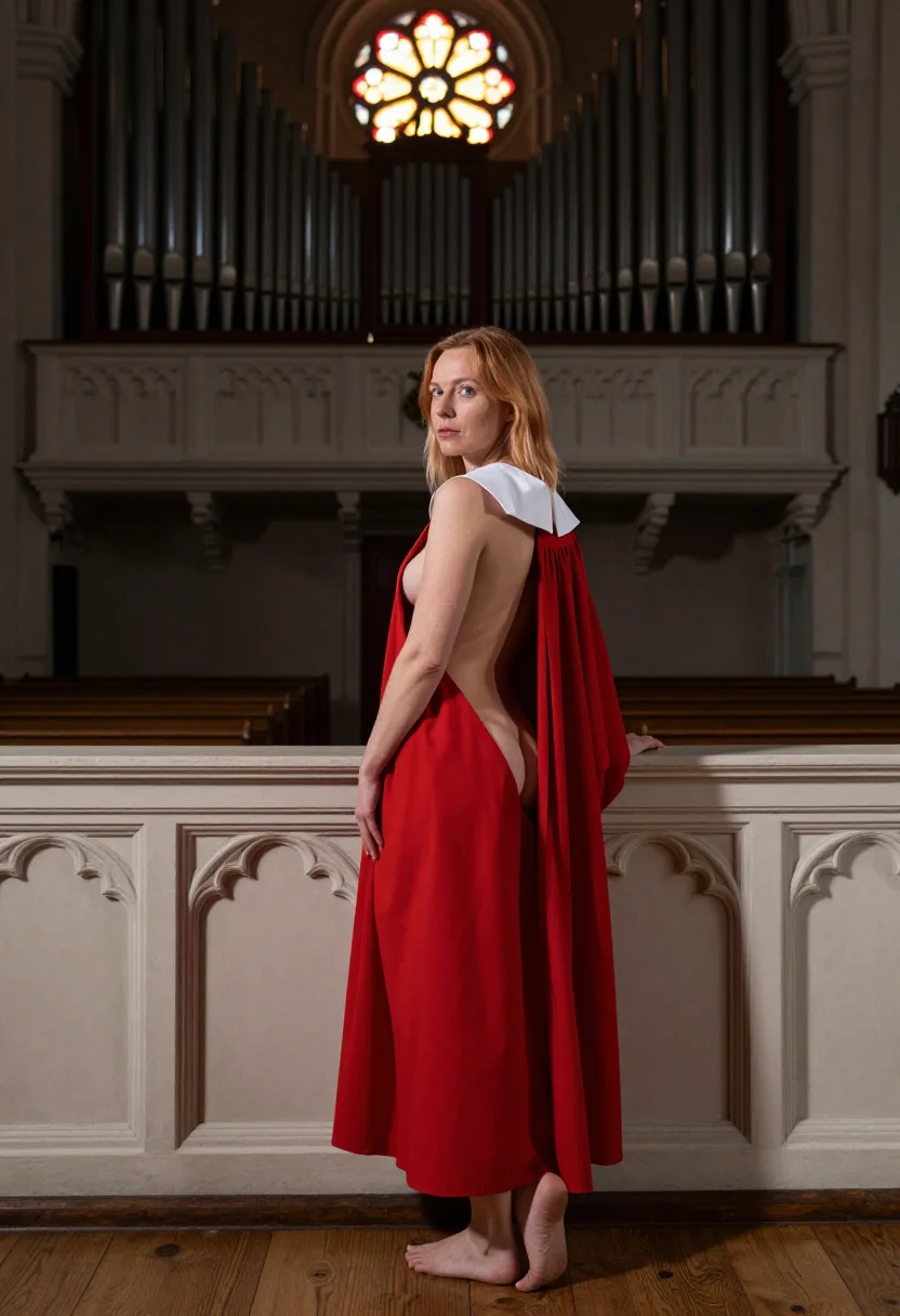 AI choir loft sample — portrait of an adult woman, Northern-European, at the loft rail