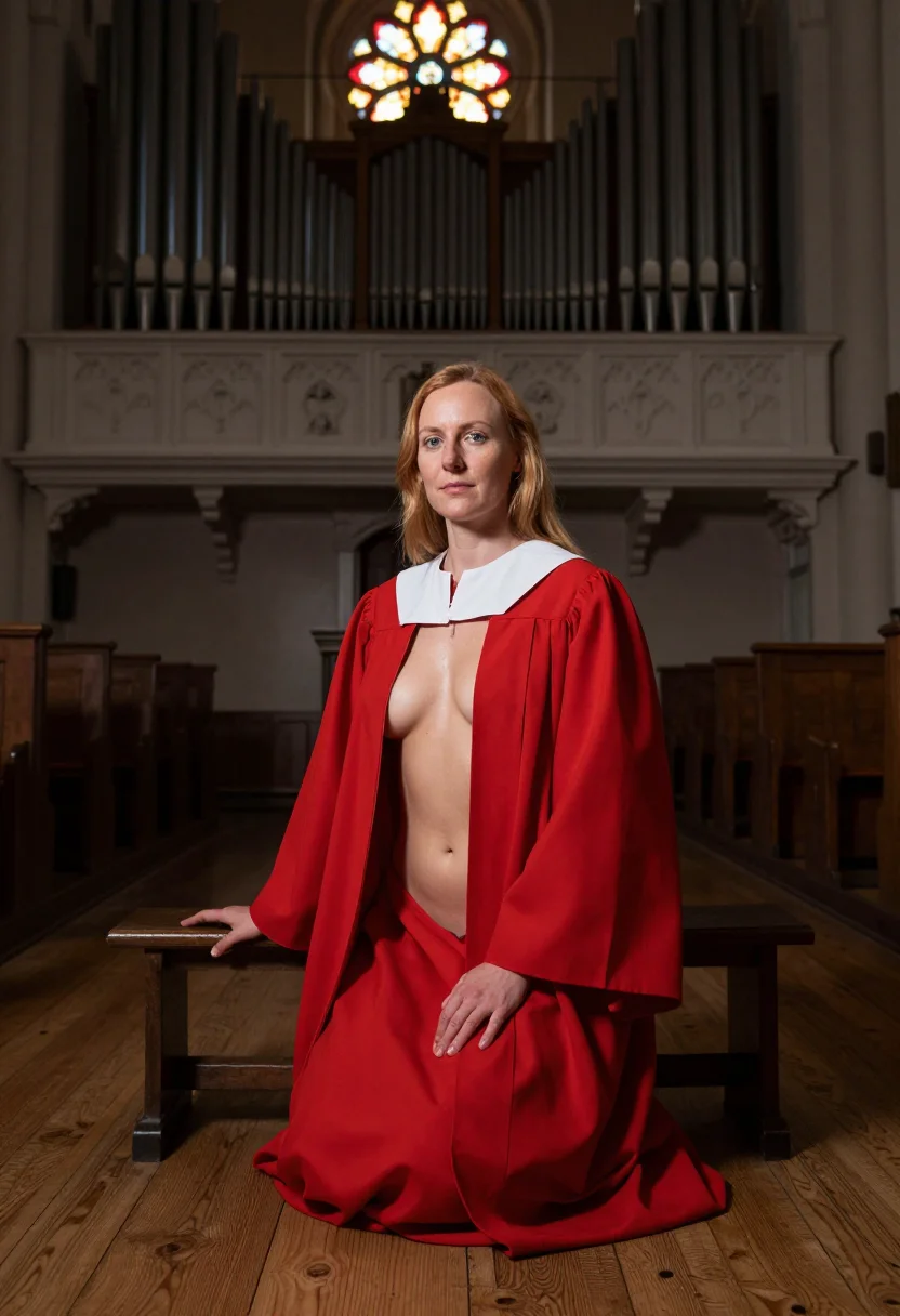 AI choir loft sample — portrait of an adult woman, Northern-European, looking down into the nave