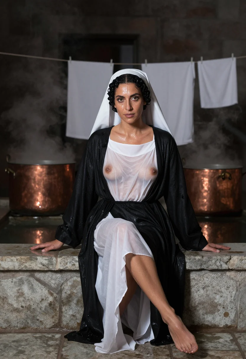 AI convent laundry sample — portrait of a woman, an adult woman of Mediterranean ancestr