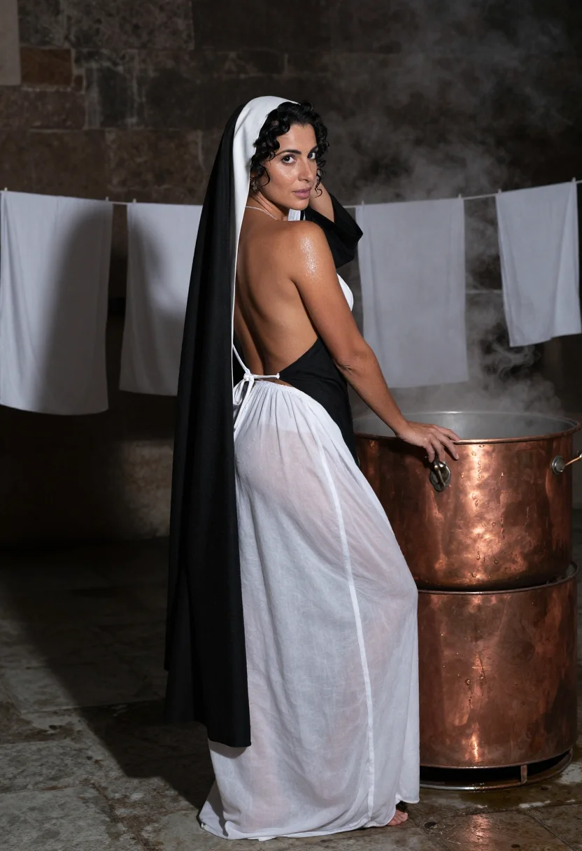 AI convent laundry sample — portrait of a woman, an adult woman of Mediterranean ancestr