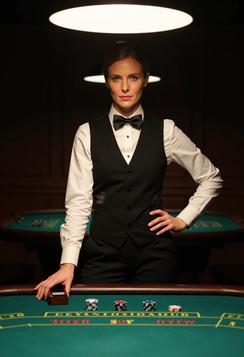 AI casino dealer sample — portrait of a woman, full-length three-quarter portrait of an adult woman at a baccarat table