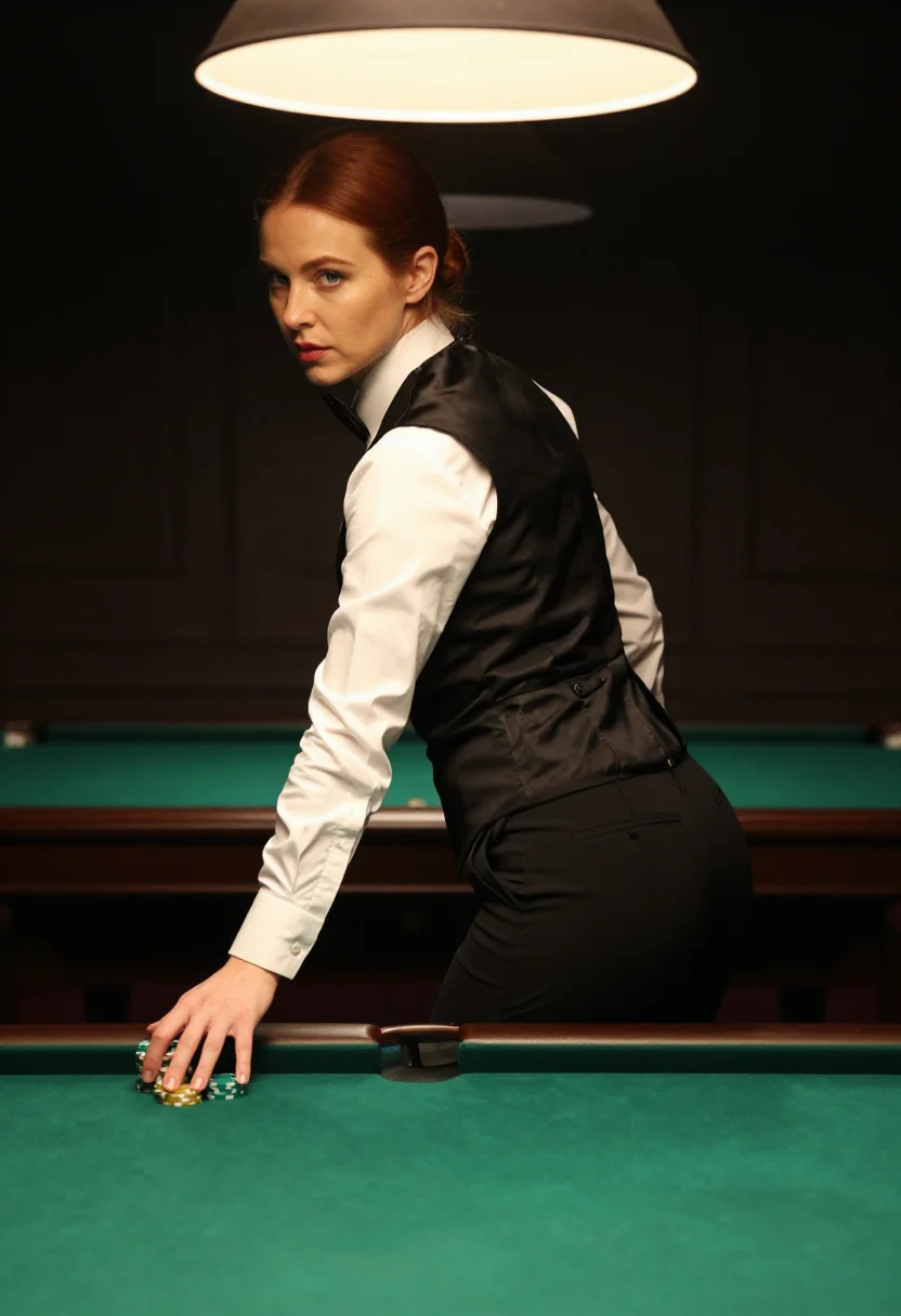AI casino dealer sample — portrait of a woman, full-length three-quarter rear portrait of an adult woman at a table