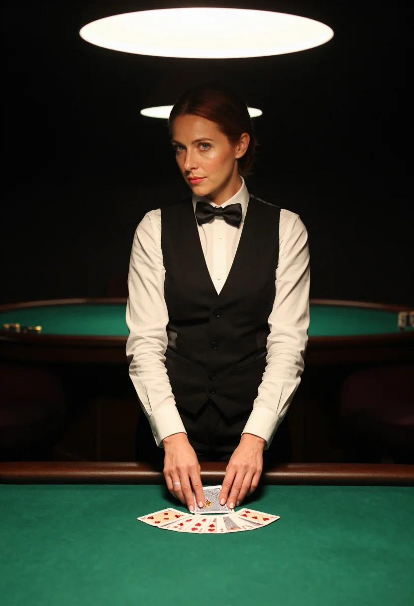 AI casino dealer sample — portrait of a woman, full-length side-profile portrait of an adult woman by the baize