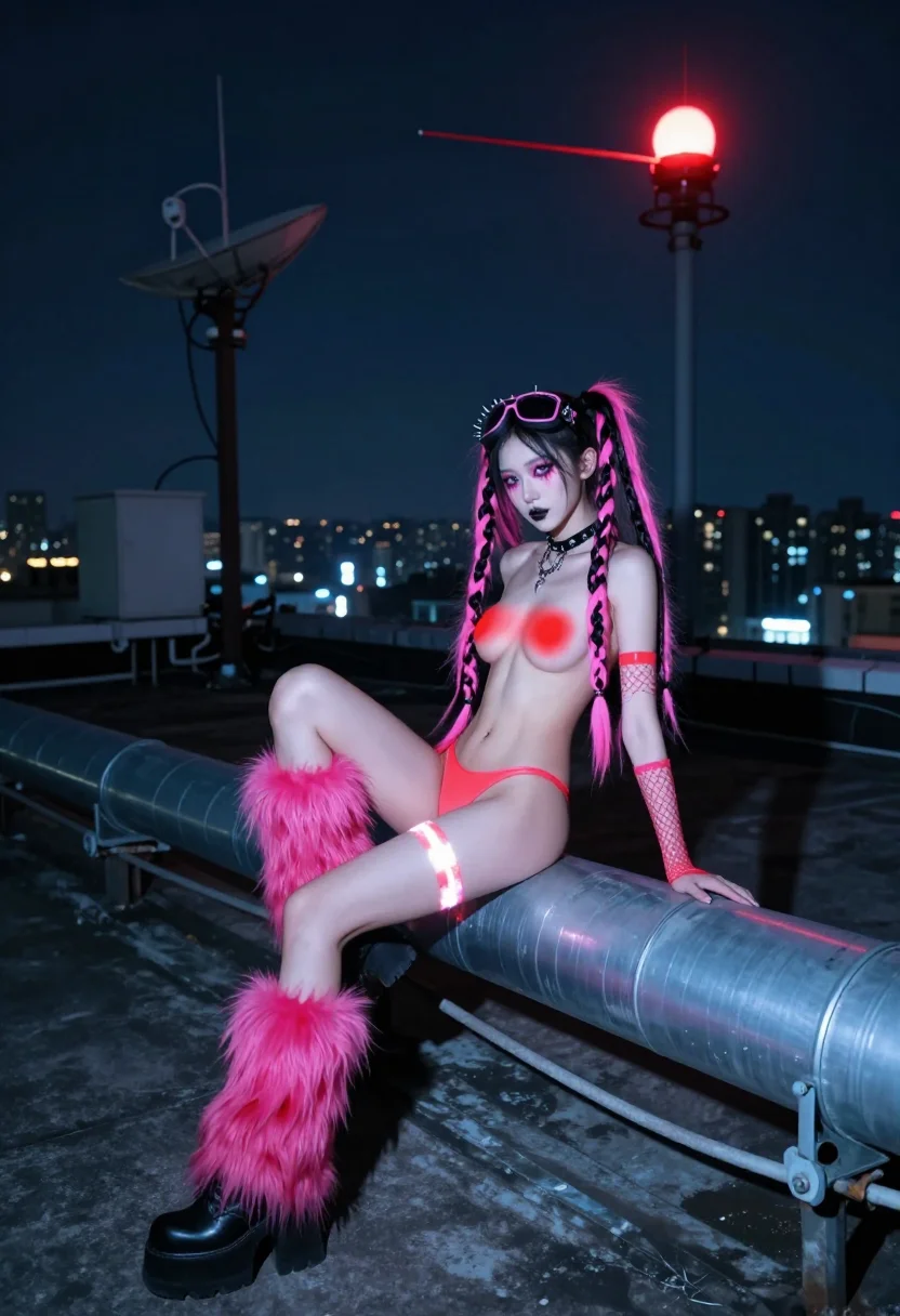AI cyber goth sample — Portrait of a slim woman with pale complexion in cybergoth gear
