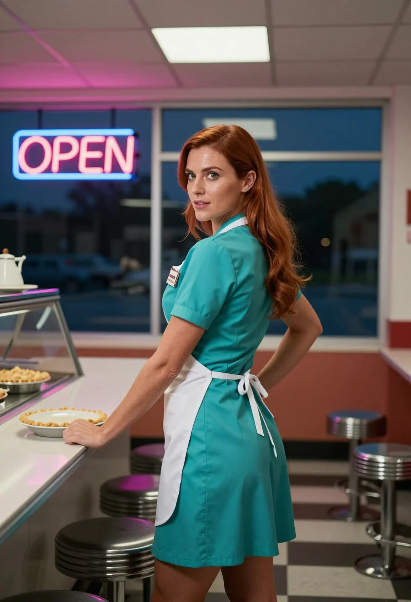 AI diner waitress sample — portrait of an adult woman, three-quarter-length portrait at a diner counter