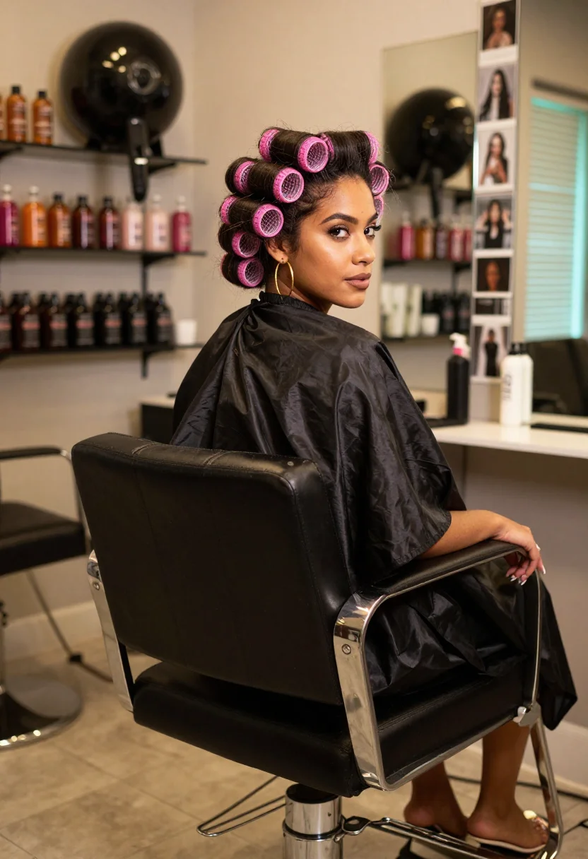 AI dominican salon sample — photograph of a grown woman, Dominican, in her thirties, wit