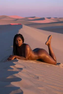AI editorial dunes sample — photograph of a grown woman, Afro-European, with deep brown