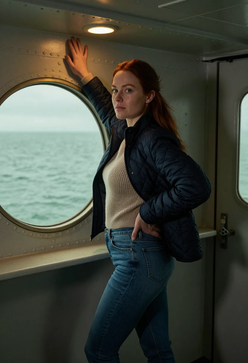 AI ferry cabin sample — portrait of a woman, a Scottish woman in her late twenties w
