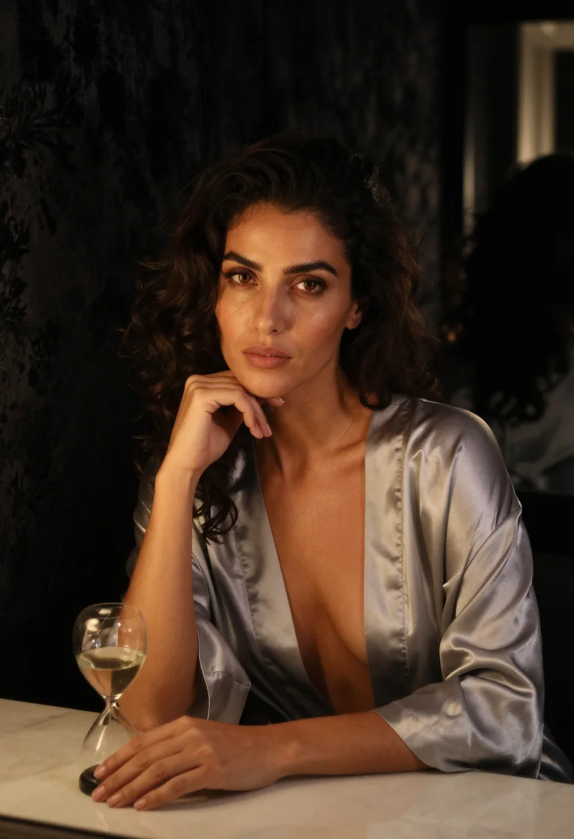 AI film noir sample — Half-length portrait of an hourglass-figured olive-skinned Mediterranean woman