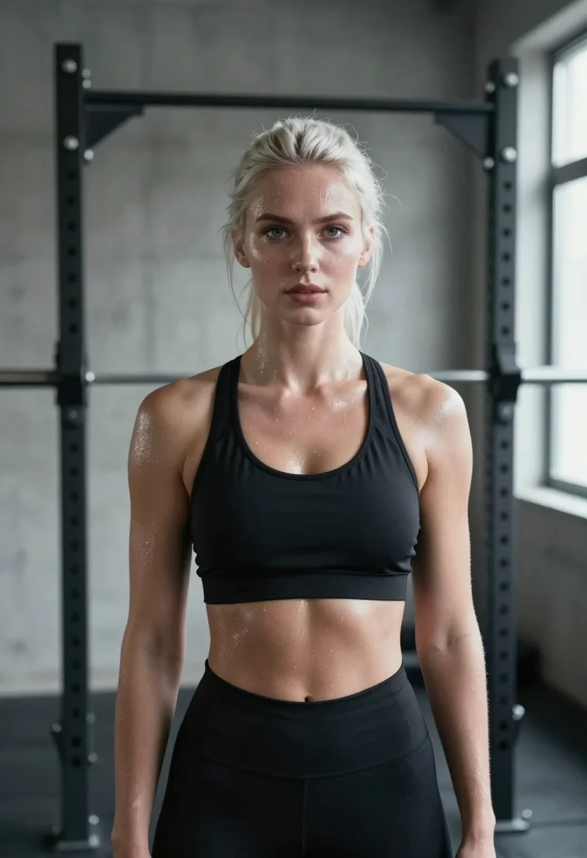 AI fitness sample — Three-quarter portrait of an athletic Scandinavian woman in sportswear