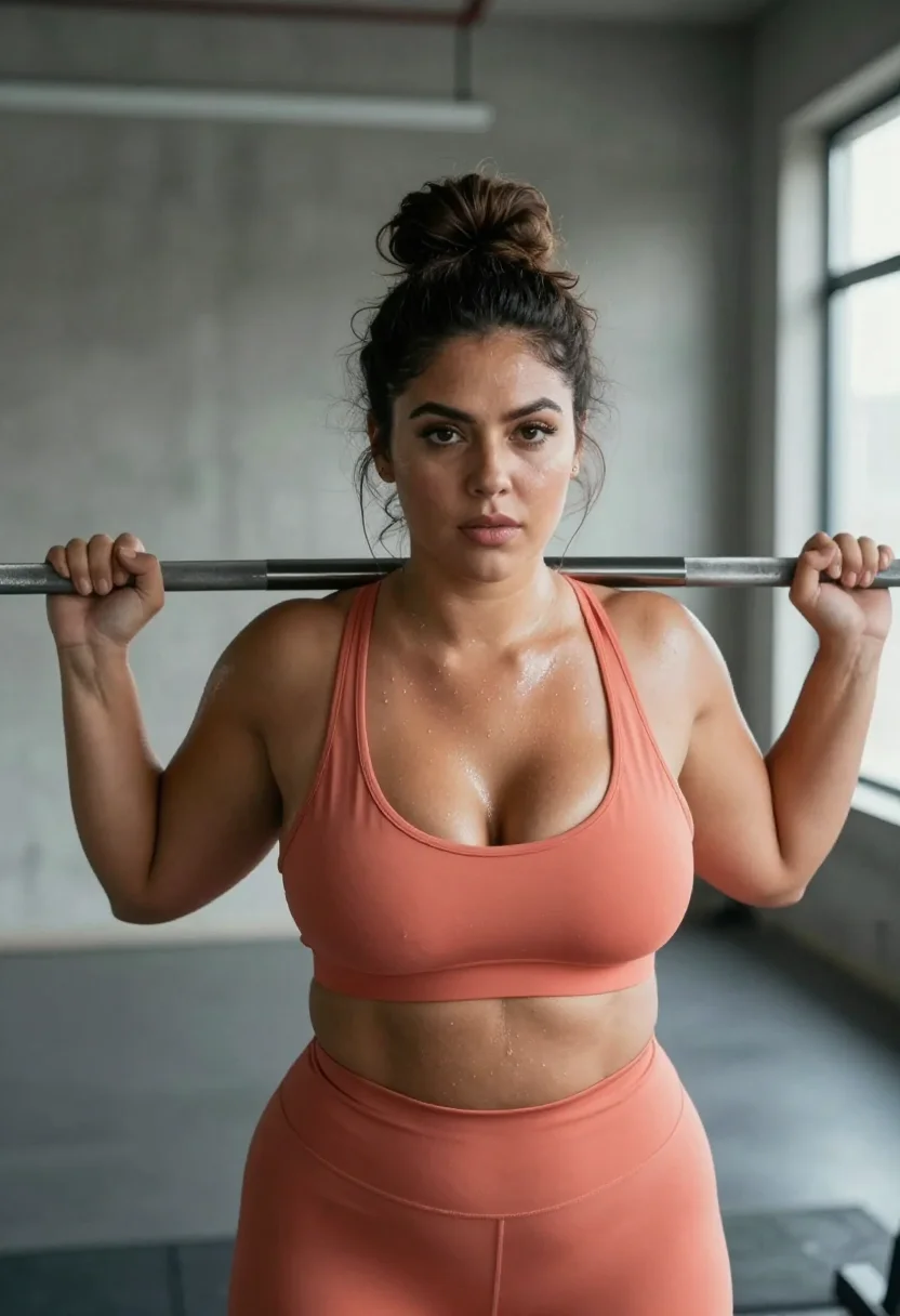 AI fitness sample — Three-quarter portrait of a curvy Latina woman with warm camel-toned skin