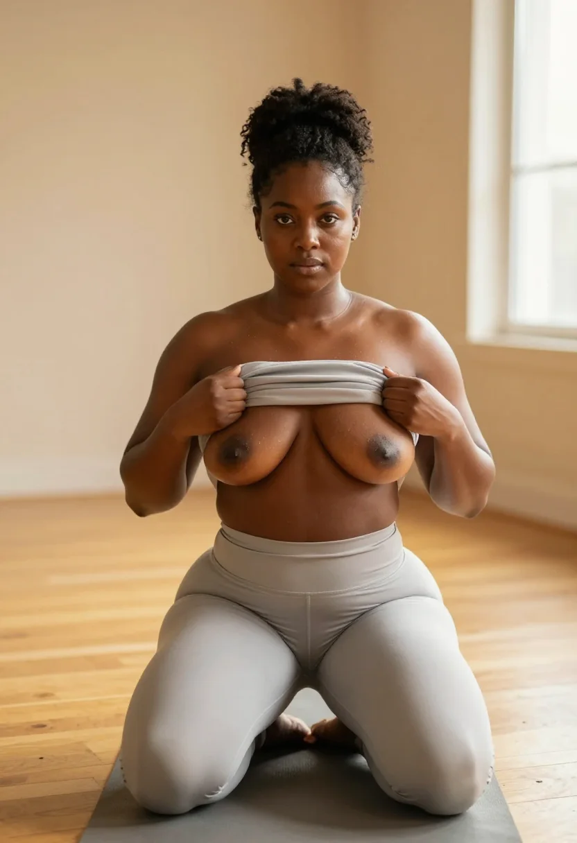 AI fitness sample — Three-quarter portrait of a curvy Black woman with deep ebony skin