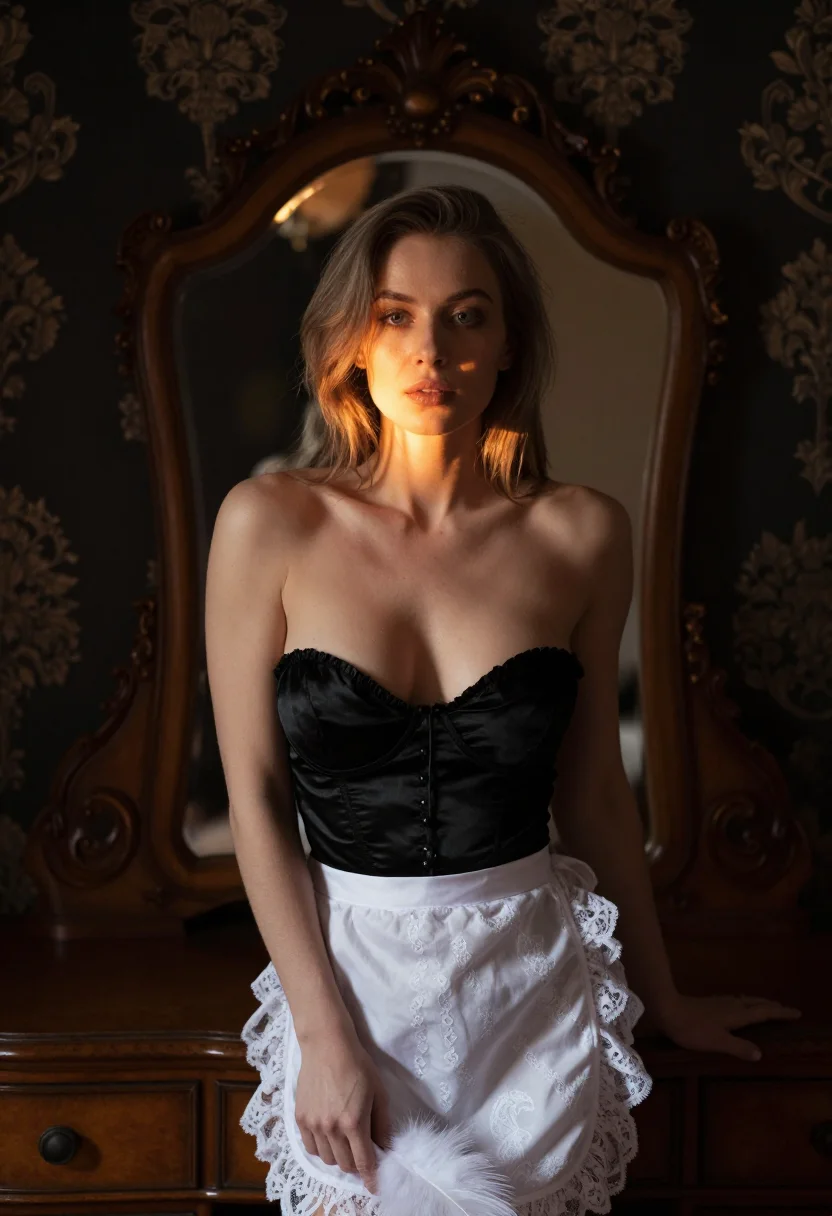 AI french maid sample — Front-facing half-length portrait of an athletic Slavic woman in satin