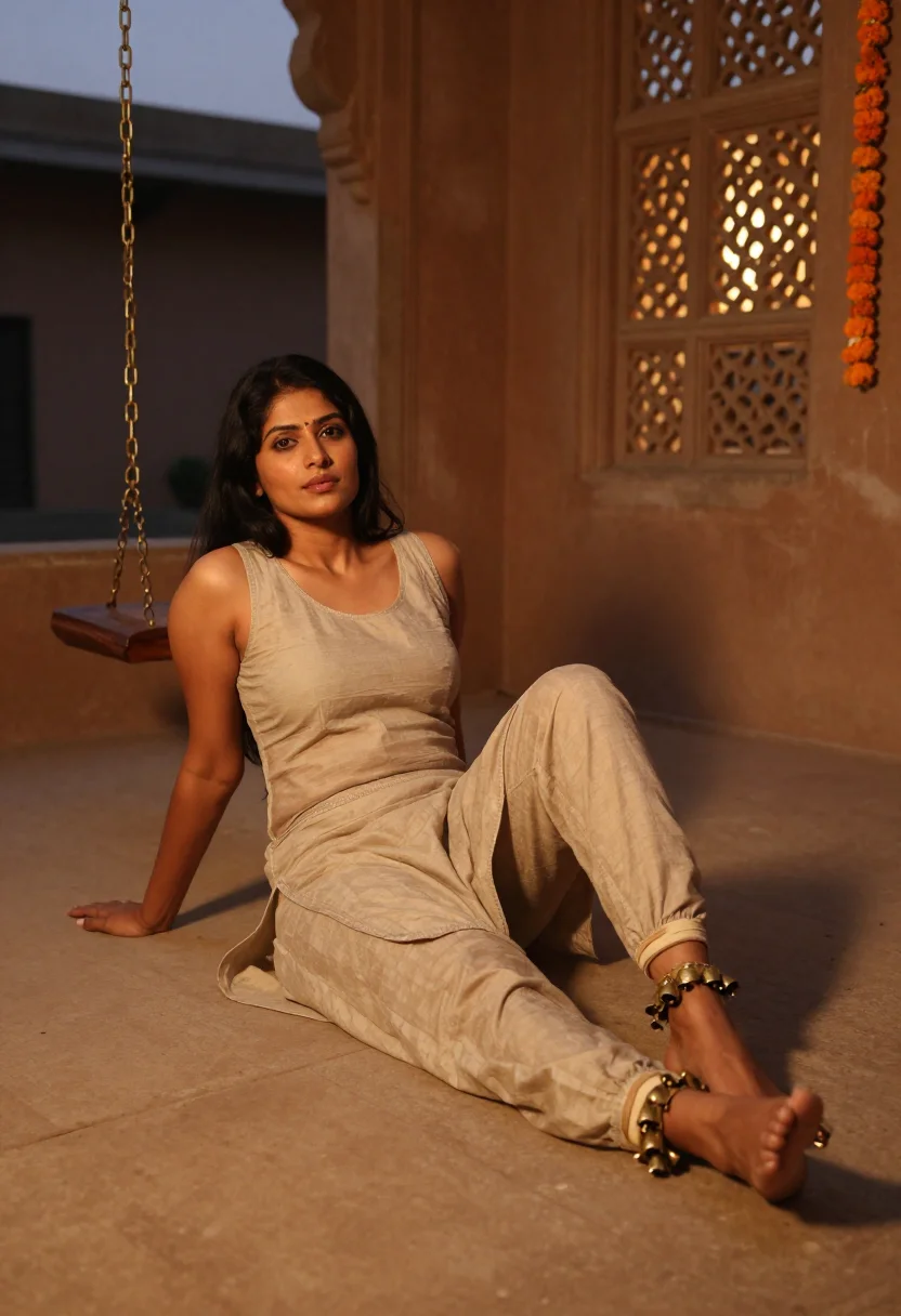 AI ghungroo sample — full-length portrait of an adult North-Indian dancer, bell-strands at the ankles