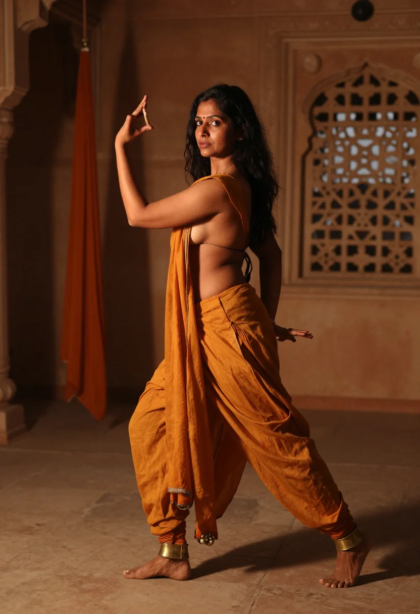 AI ghungroo sample — full-length portrait of an adult North-Indian dancer, winding the bells on the floor