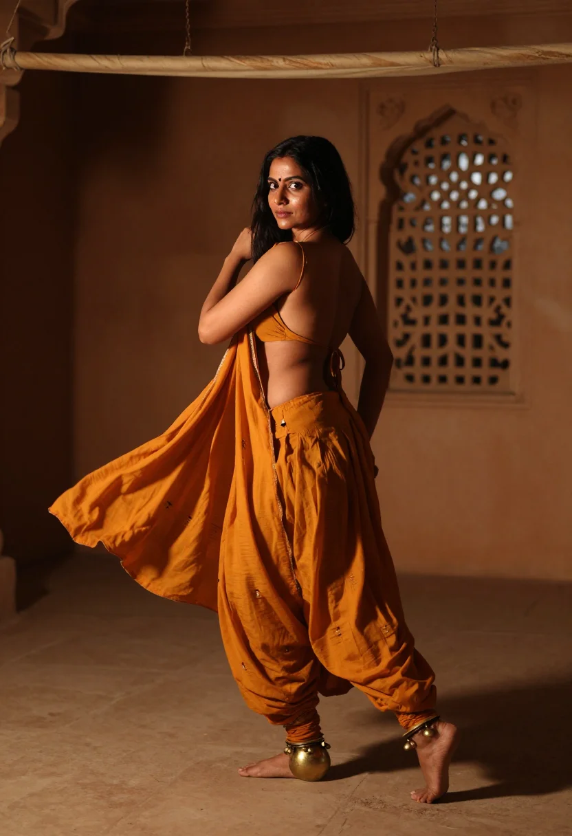 AI ghungroo sample — full-length portrait of an adult North-Indian dancer, mid-practice in the haveli