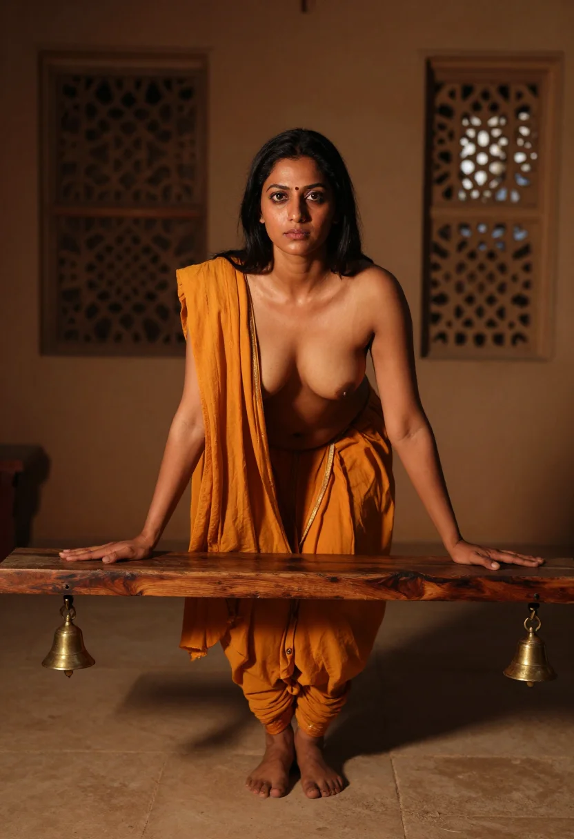 AI ghungroo sample — three-quarter-length portrait of an adult North-Indian dancer, bells in motion