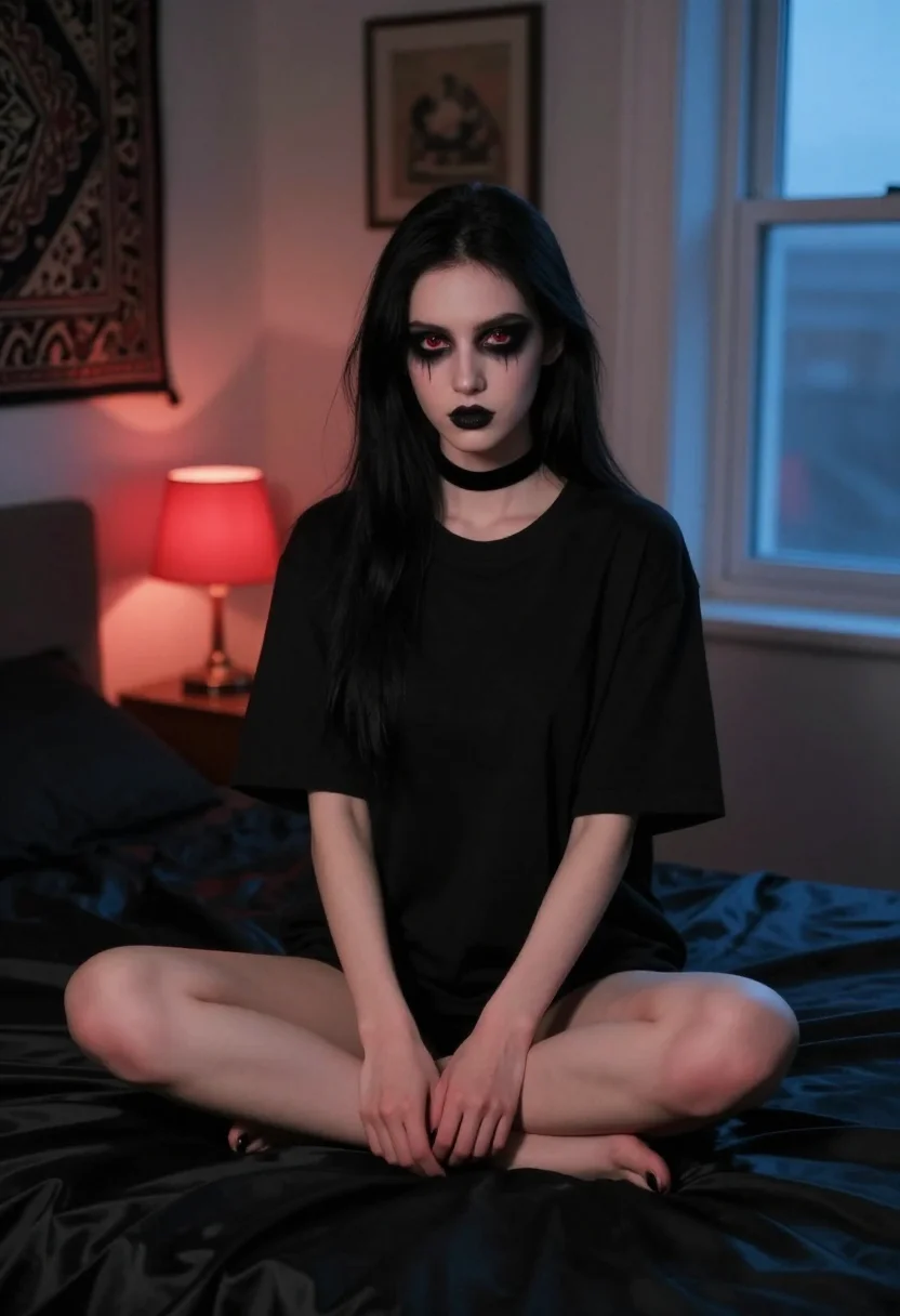 AI goth gf sample — Portrait of a slim woman with pale complexion and long straight black hair