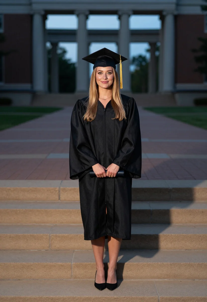 AI graduation gown sample — portrait of an adult woman, full-length portrait of an Ameri