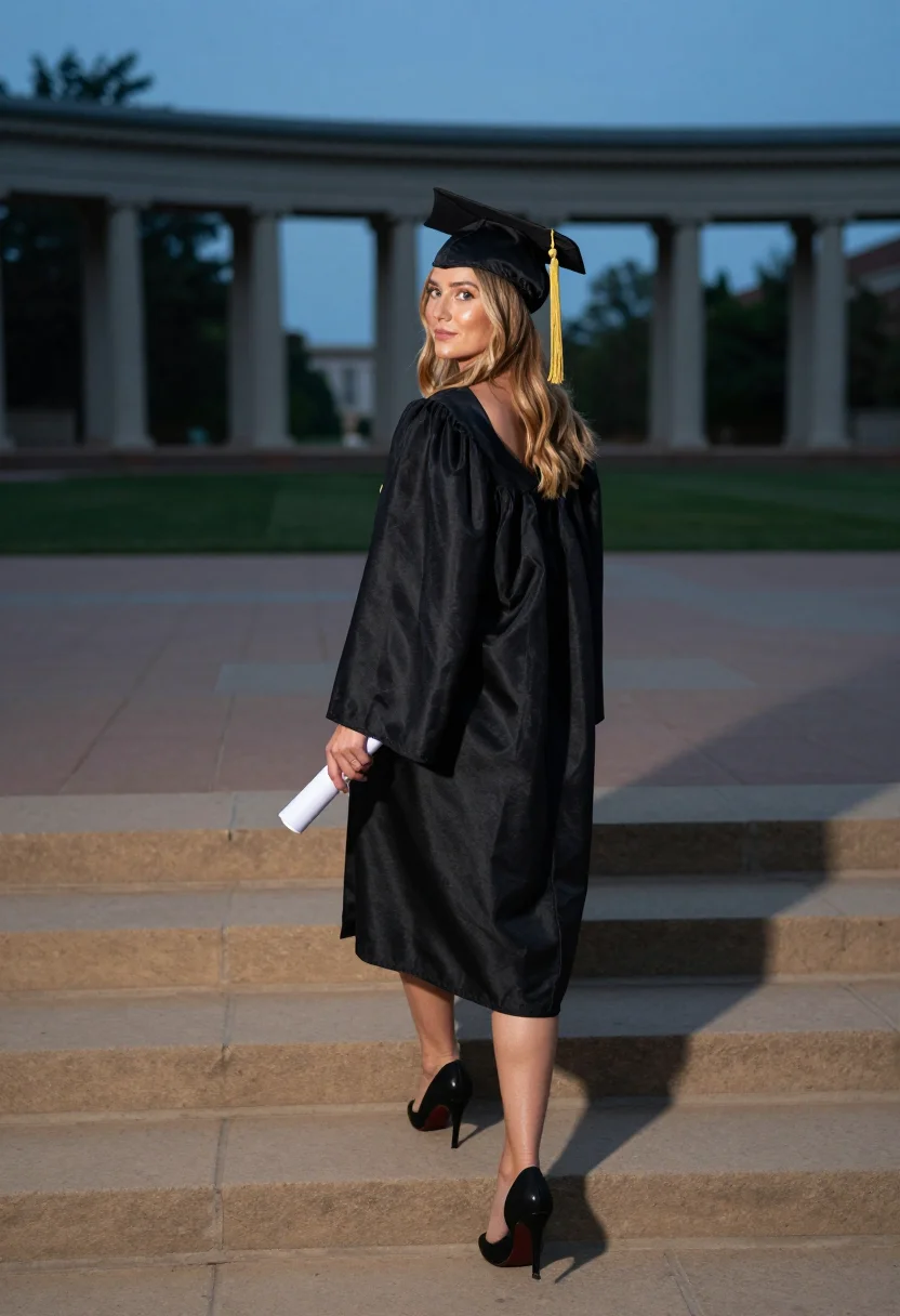 AI graduation gown sample — portrait of an adult woman, full-length portrait of an Ameri