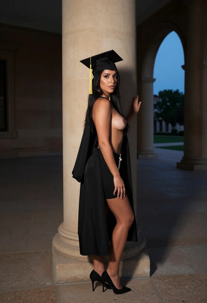 AI graduation gown sample — portrait of an adult woman, three-quarter-length portrait of