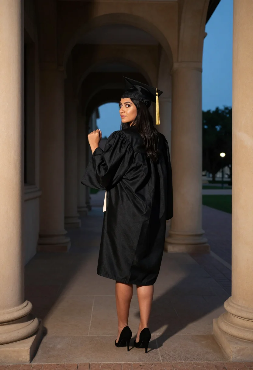 AI graduation gown sample — portrait of an adult woman, full-length portrait of a Spanis
