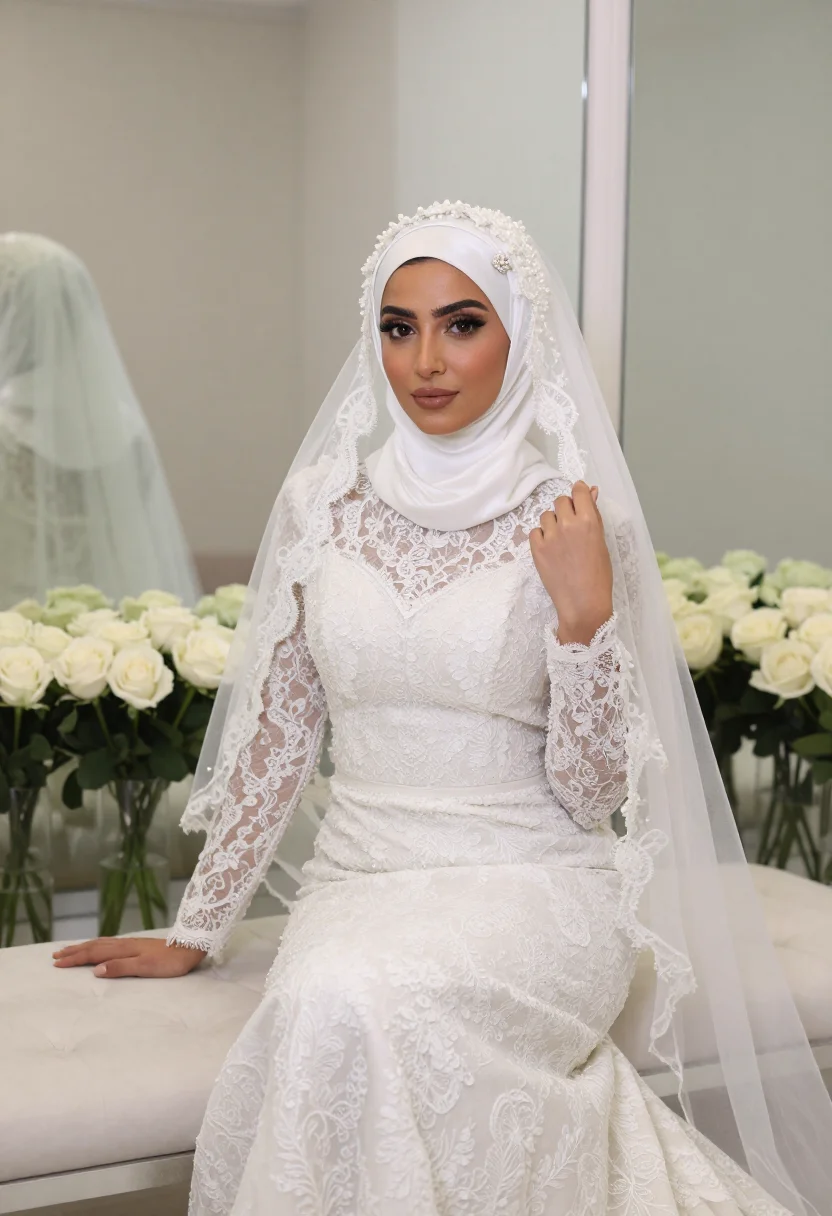 AI bridal hijab sample — portrait of a woman, framed head to foot with the camera at eye level in a white lace gown