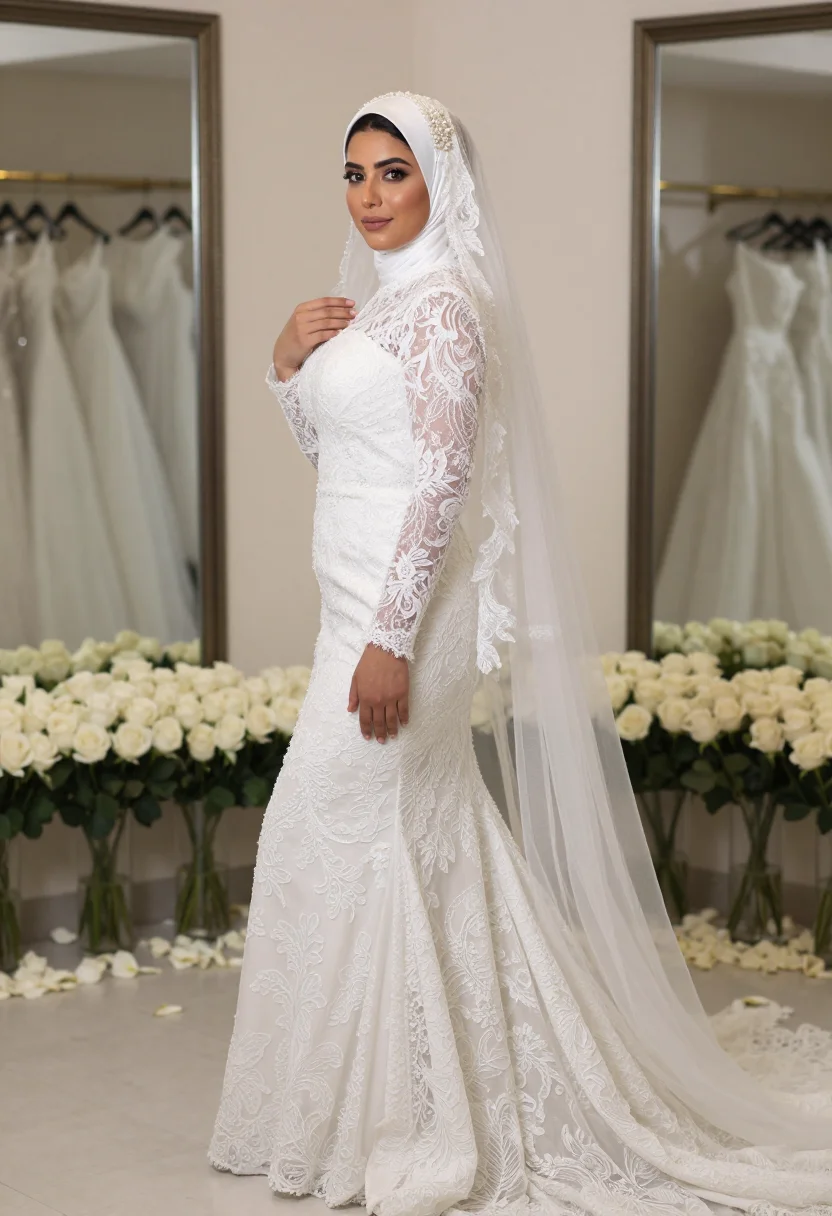 AI bridal hijab sample — portrait of a woman, framed head to foot in true side profile in a white lace gown