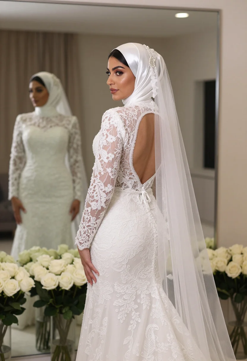 AI bridal hijab sample — portrait of a woman, framed from mid-thigh up at three-quarter view with a white veil