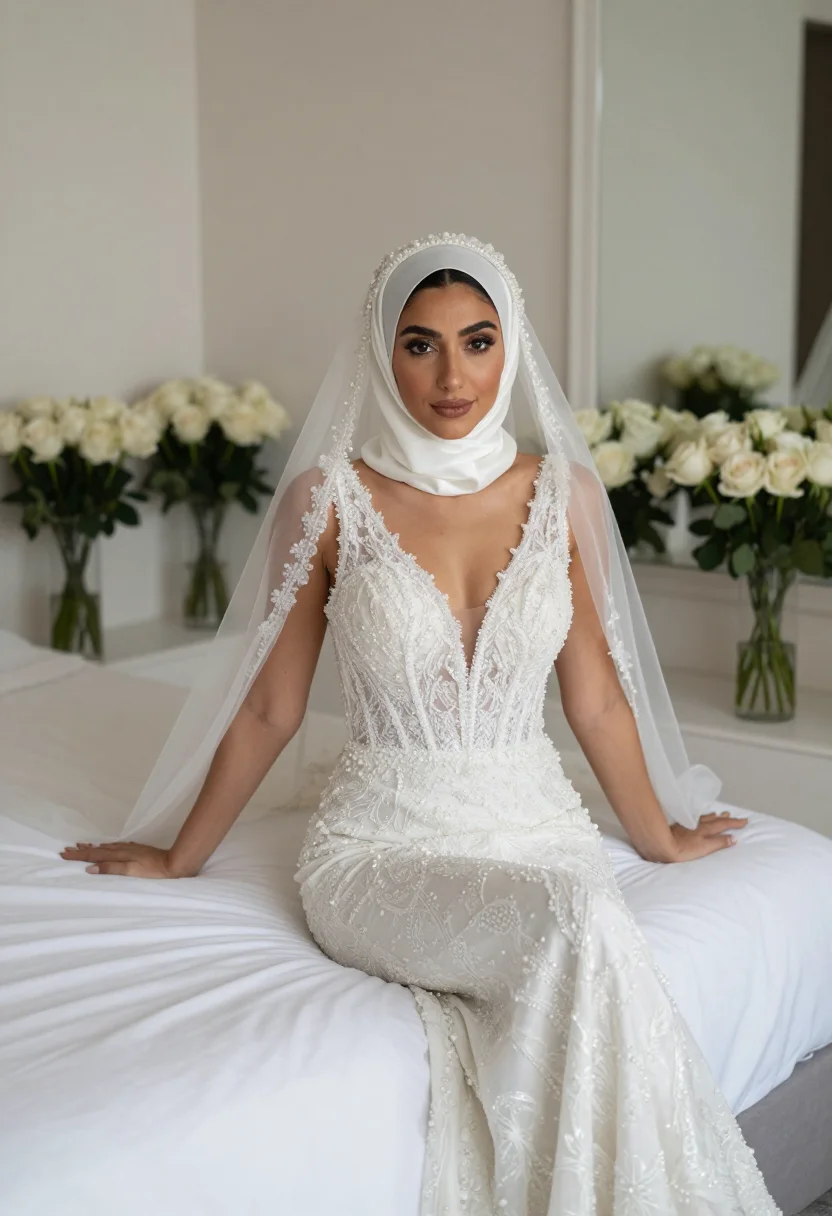 AI bridal hijab sample — portrait of a woman, framed head to foot from three-quarter view among white roses