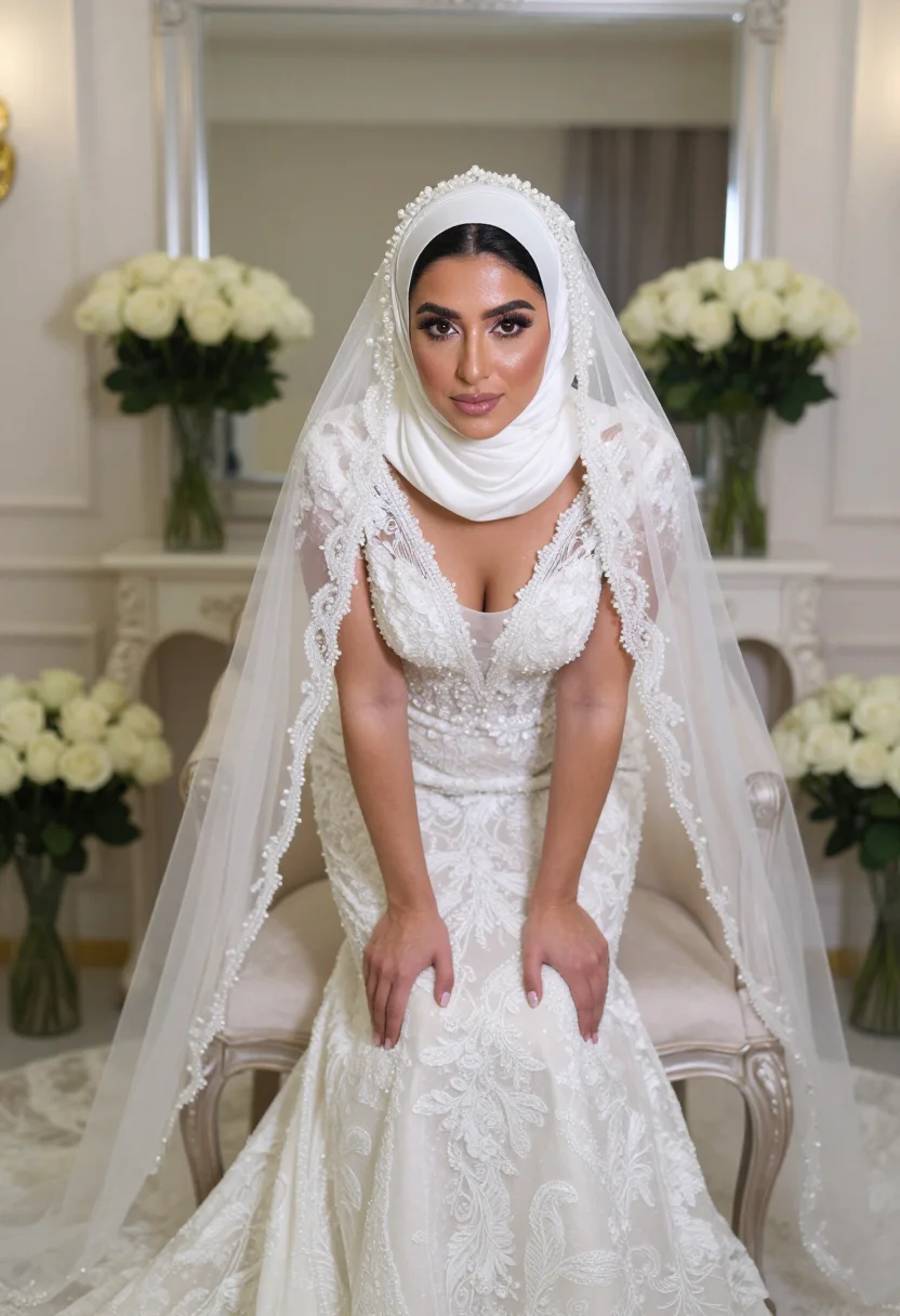 AI bridal hijab sample — portrait of a woman, framed from the knees up at three-quarter view by a mirror