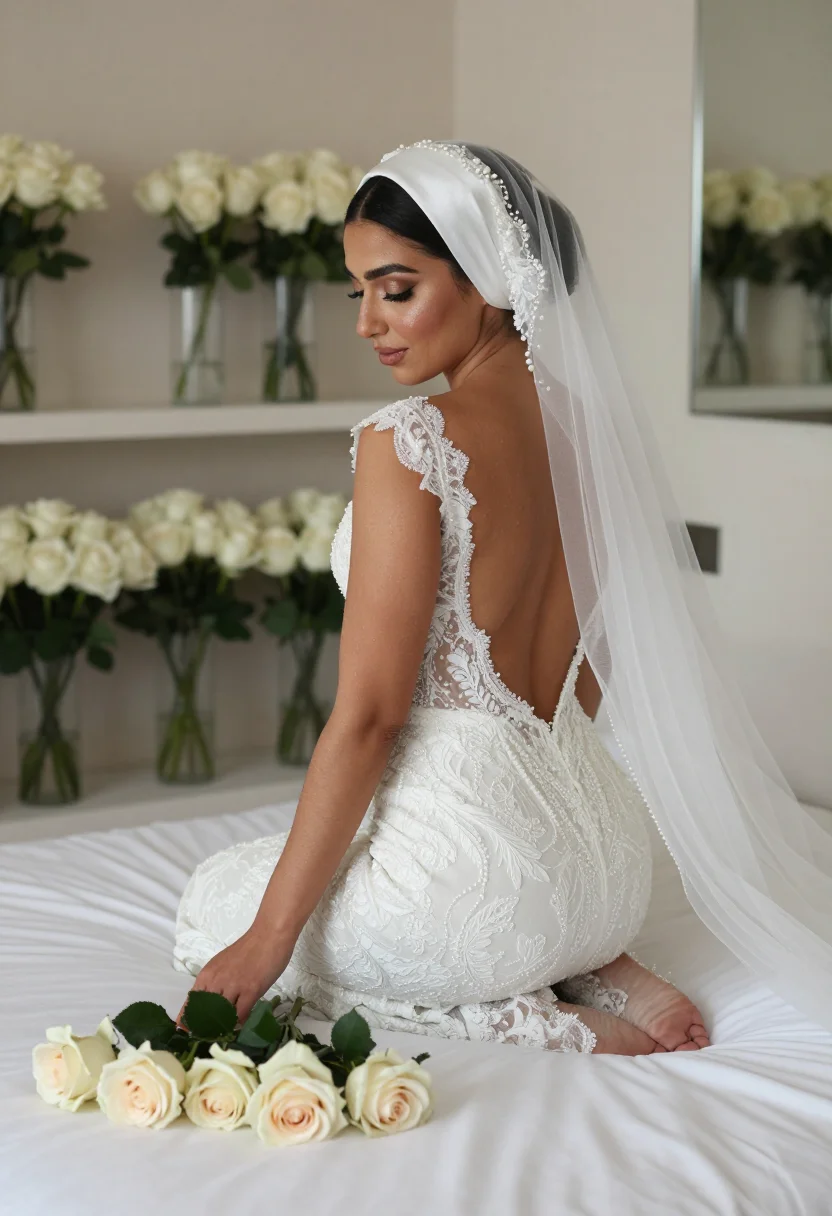 AI bridal hijab sample — portrait of a woman, framed from the knees up at three-quarter view at a window