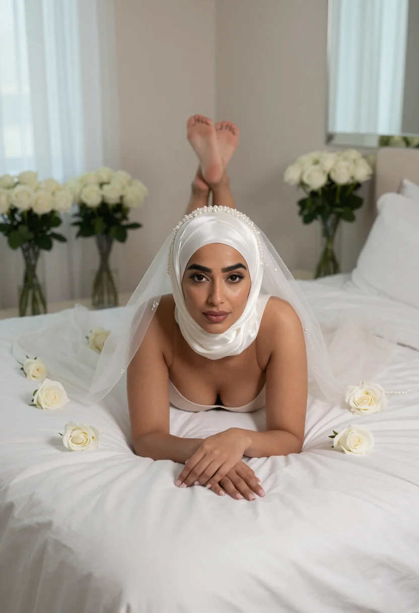 AI bridal hijab sample — portrait of a woman, framed from the head end at three-quarter view with a cathedral veil