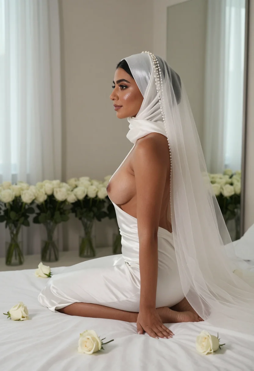 AI bridal hijab sample — portrait of a woman, framed from mid-thigh up in true side profile among white roses
